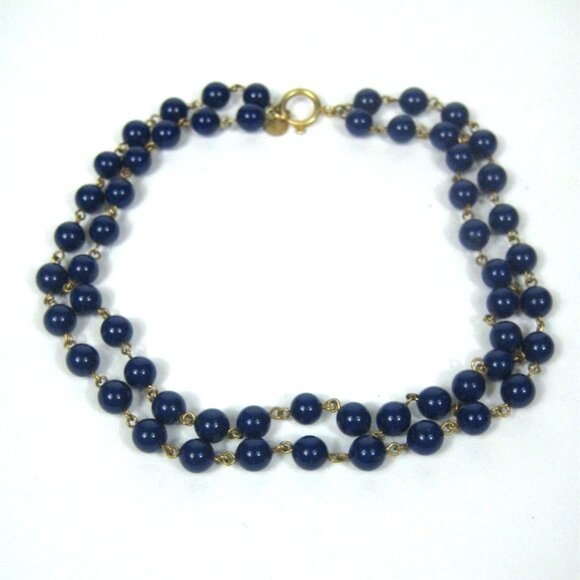 David Aubrey Multi Strand Blue Glass Beaded Necklace Gold Tone Choker Artisan - Picture 1 of 9